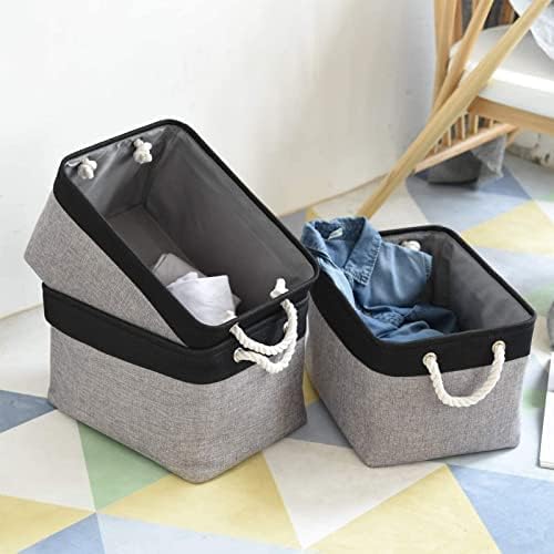 Organization and Storage Bins for Shelves - 16x12x8 inch Large 3 Pack Fabric Storage Cubes Collapsible Baskets for Shelves with Rope, Storage Basket for Organizing Cloth Laundry (Black & Grey)