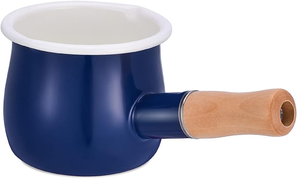 Enamel Milk Pot, Small Enamel Saucepan Milk Pot Butter Warmer 4 Inch 17 Oz Enamel Small Sauce Pan with Wooden Handle, Perfect Size for Heating Smaller Liquid Portions. (Blue）