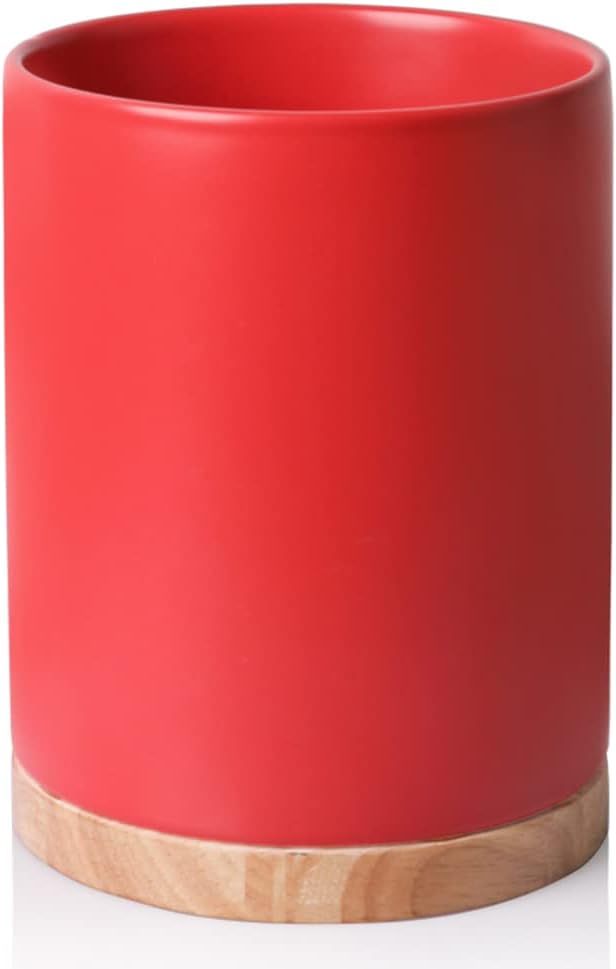 Sweejar Kitchen Utensil Holder with Wooden Bottom, 8.2" Ceramic Utensil Crock to Hold Spatulas for Cooking Countertop, Housewarming, Wedding, Birthday Gift (Red)