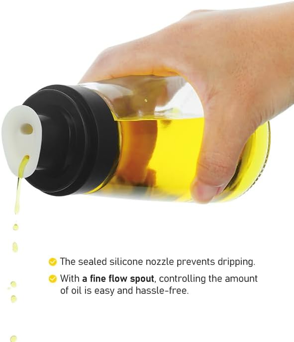 Small Glass Olive Oil and Vinegar Dispenser Bottles Set for Kitchen Cooking with Silicone Dual Pouring Spout, Soy Sauce Dispenser with Dust-proof Lid - Set of 2 (Black, 8 oz)