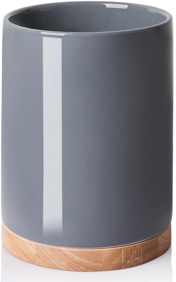 Sweejar Kitchen Utensil Holder with Wooden Bottom, 8.2" Ceramic Utensil Crock to Hold Spatulas for Cooking Countertop, Housewarming, Wedding, Birthday Gift (Gray)