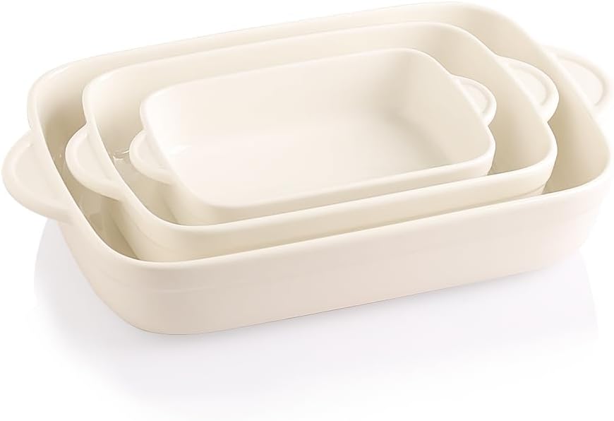Sweejar Casserole Dishes for Oven, Ceramic Bakeware Set of 3, Lasagna Pan Deep with Handle, Rectangular Baking Pan Set, 9x13 Baking Dish for Cooking, Banquet and Daily Use (Beige)