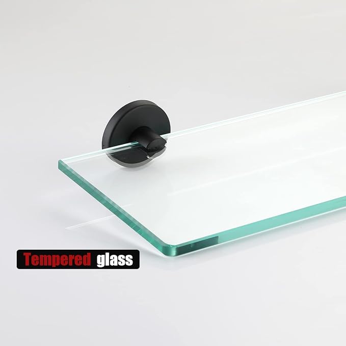 JQK Bathroom Glass Shelf Black, Tempered Glass Shower Storage 30 by 5 inches, 304 Stainless Steel Matte Black Wall Mount, TGS101L30-PB