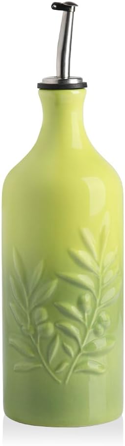 Sweejar Ceramic Olive Oil Dispenser Bottle, 20 Oz Relief Opaque Oil Cruet Protects Oil To Reduce Oxidation, Storage Oil, Vinegar, Soy Sauce, Coffee Syrup, Liquids, Set of 1 (Gradient Green)
