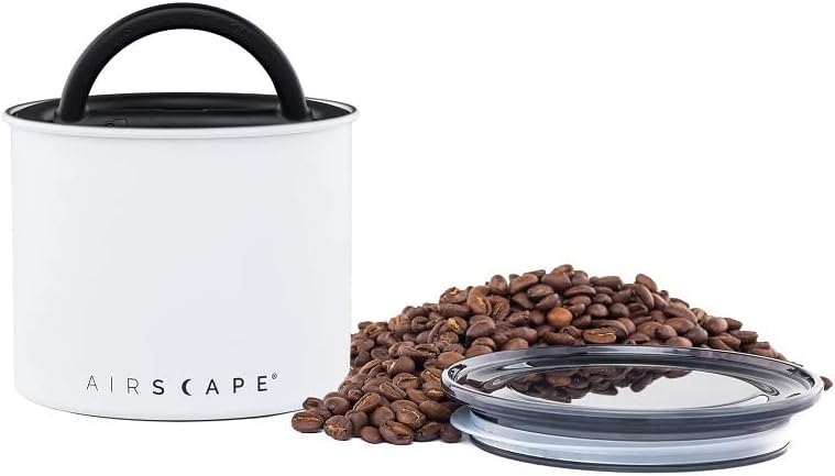 Planetary Design Airscape Stainless Steel Coffee Canister | Food Storage Container | US Patented Airtight Lid | Push Out Excess Air Preserve Food Freshness (Small, Matte White)