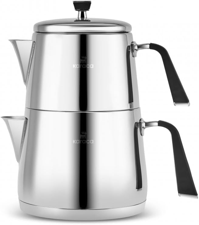 Karaca Fiona Stainless Steel Turkish Teapot Set XL, 1L Tea Pot & 2L Water Tank (Kettle), Stove Top/Induction Compatible, Elegant Silver Design, Easy to Clean, Non-Flammable Handles