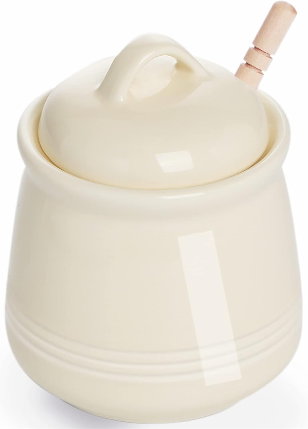 HAOTOP Ceramic Honey pot with Lid and Honey Dipper,Porcelain Honey Jar Easy to Clean and Dishwasher Safe,12oz (Beige)