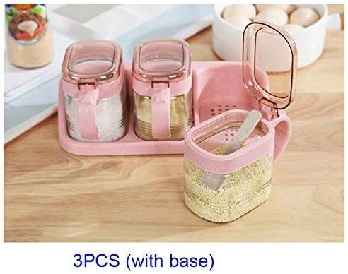 OUTOS Glass Transparent Spice Jar Seasoning Box Set Kitchen Container Tools Condiment Jars Cruet with Cover and Spoon Kitchen Utensils Supplies Salt Cellar with Lid (Pink, 3)(with base)