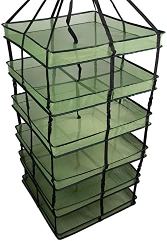 Grow1 Large Square Drying Rack 6-Layer 24x24in Collapsible Mesh Herb and Flower Hanging Dryer with Carrying Case and Center Support Strap