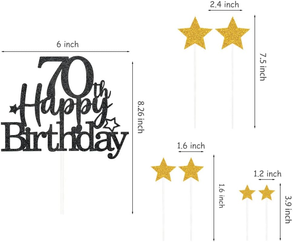 Glittery 70th Happy Birthday Cake Topper with Star,Personalised 70 Birthday Cake Toppers Party Decorations Party Supplies for Men Women Black Gold