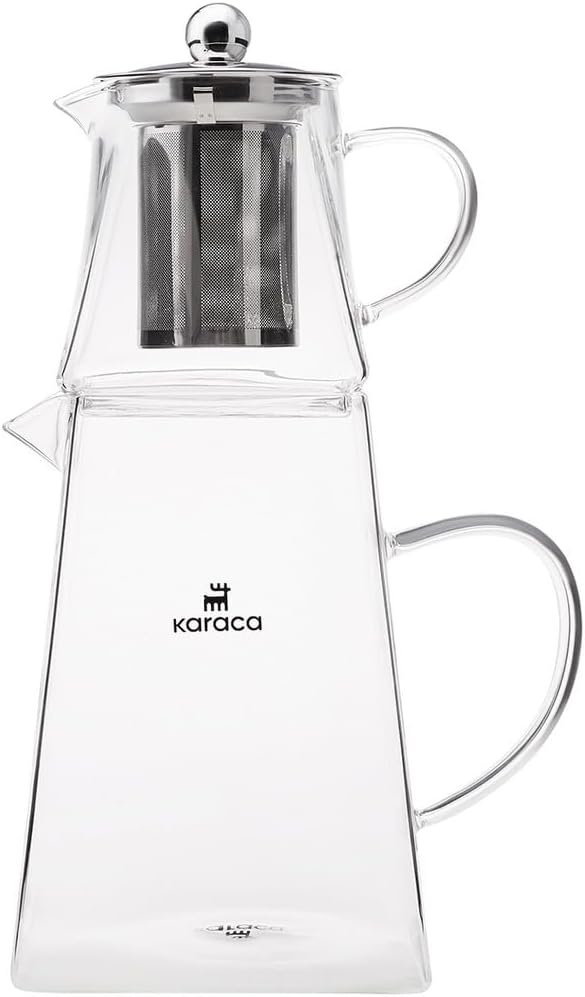 Karaca Giza Borosilicate Glass Teapot with Infuser and Lid for Stovetop, Transparent, 0.45.L Tea Pot & 1.5L Tea Kettle Set for Loose Leaf & Herbal, Dishwasher Safe
