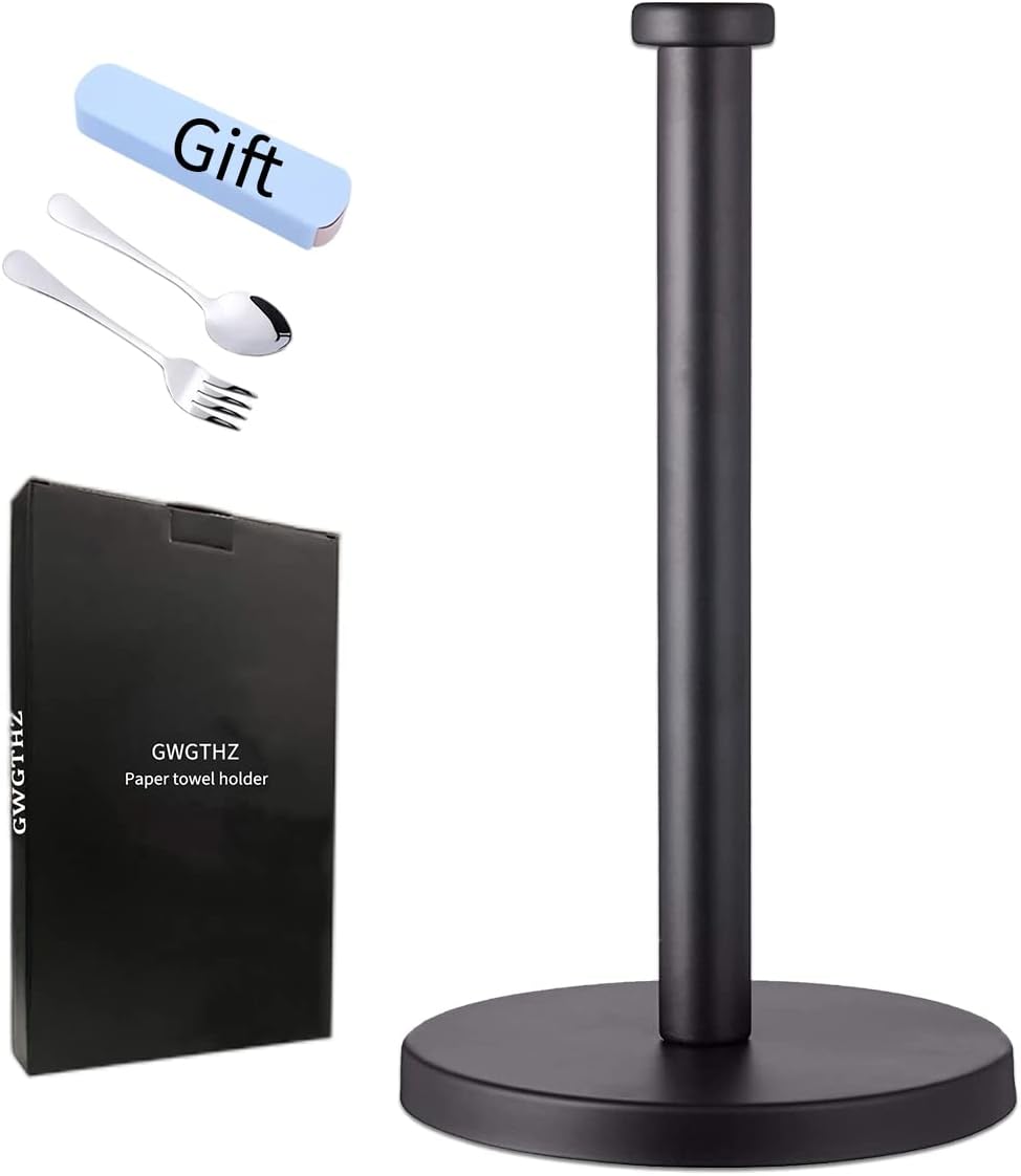 Stainless Steel Paper Towel Holder, Black Countertop for Kitchen Bathroom, Standing with Weighted Base