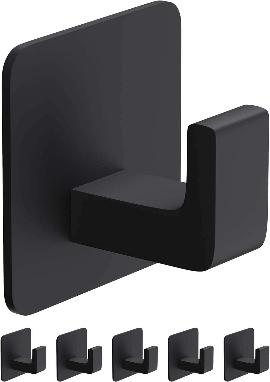 Square Self Adhesive Towel Hooks - 6 Pack Matte Black Metal Hooks, Right-Angle Design for Towels, Robes & Hats, Organize Bathroom, Kitchen, Entryway, Doors, Cabinets on Smooth Surfaces