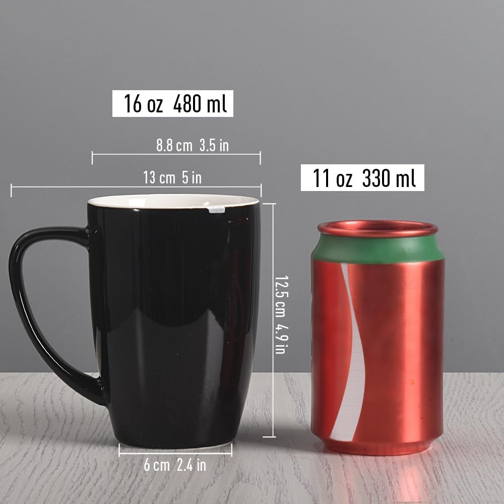 homEdge Porcelain Mug Set, 16 Ounces Cup for Tea, Latte, Mocha, Hot Chocolate, Set of 6, Black