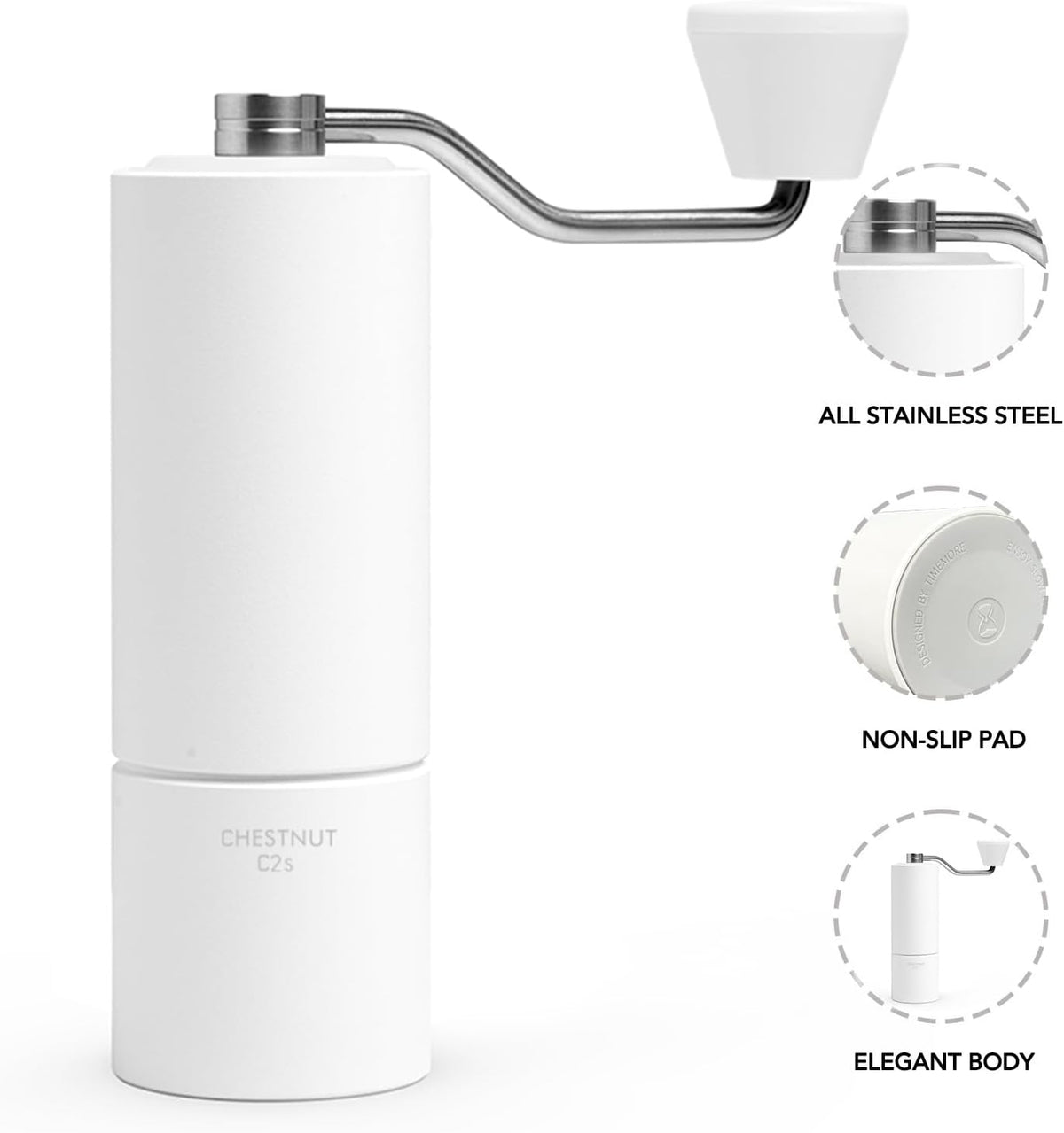 TIMEMORE Manual Coffee Grinder Stainless Steel Conical Hand Grinder Burr Chestnut C2S Internal Adjustable Setting Capacity 20g Pour Over Mocha Coffee for Travel, Camping, Home White