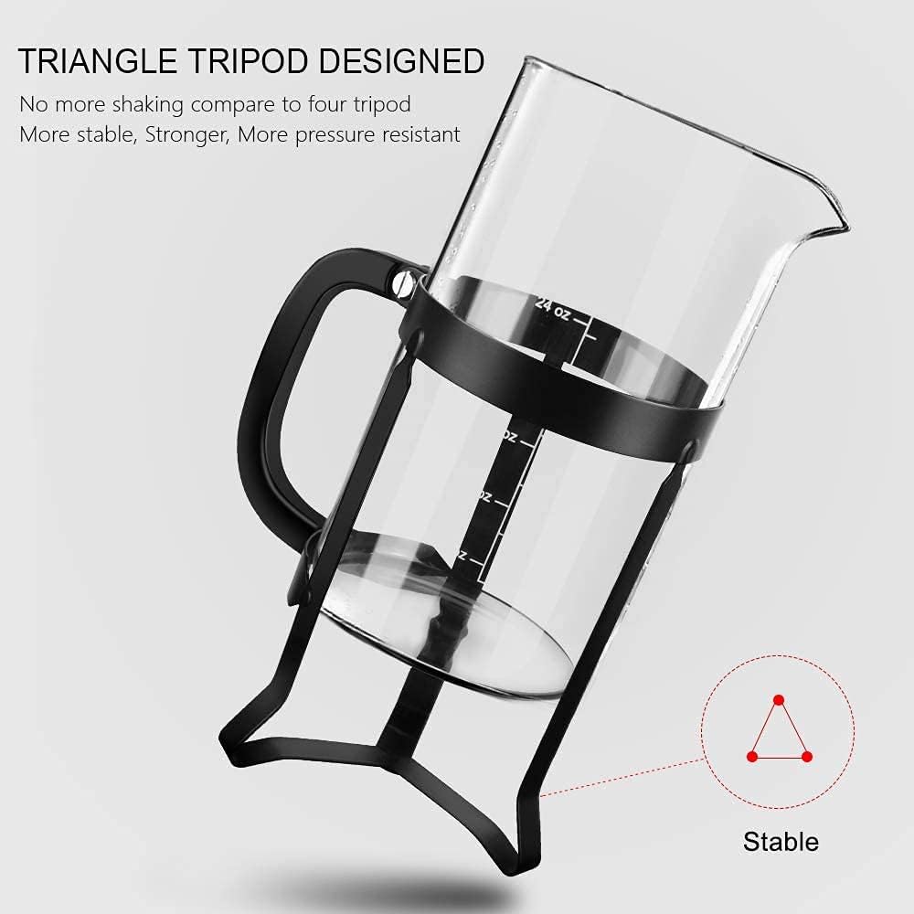 QUQIYSO French Press Coffee Maker 34oz 304 Stainless Steel French Press with 4 Filter, Heat Resistant Durable, Easy to Clean, Borosilicate Glass Coffee Press, 100% BPA Free Glass Teapot, Black