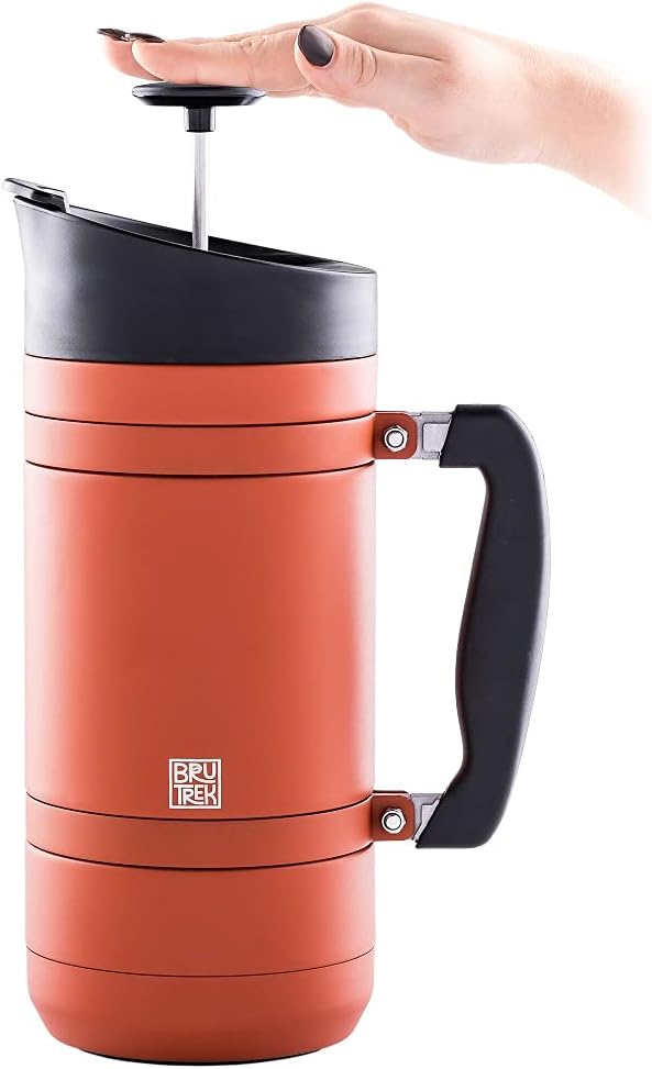 BaseCamp Coffee Press - Double Wall Insulated Stainless Steel - Bru-Stop Technology, No Grounds in Coffee, No Spill Lid (Red Rock, 48 fl.oz)