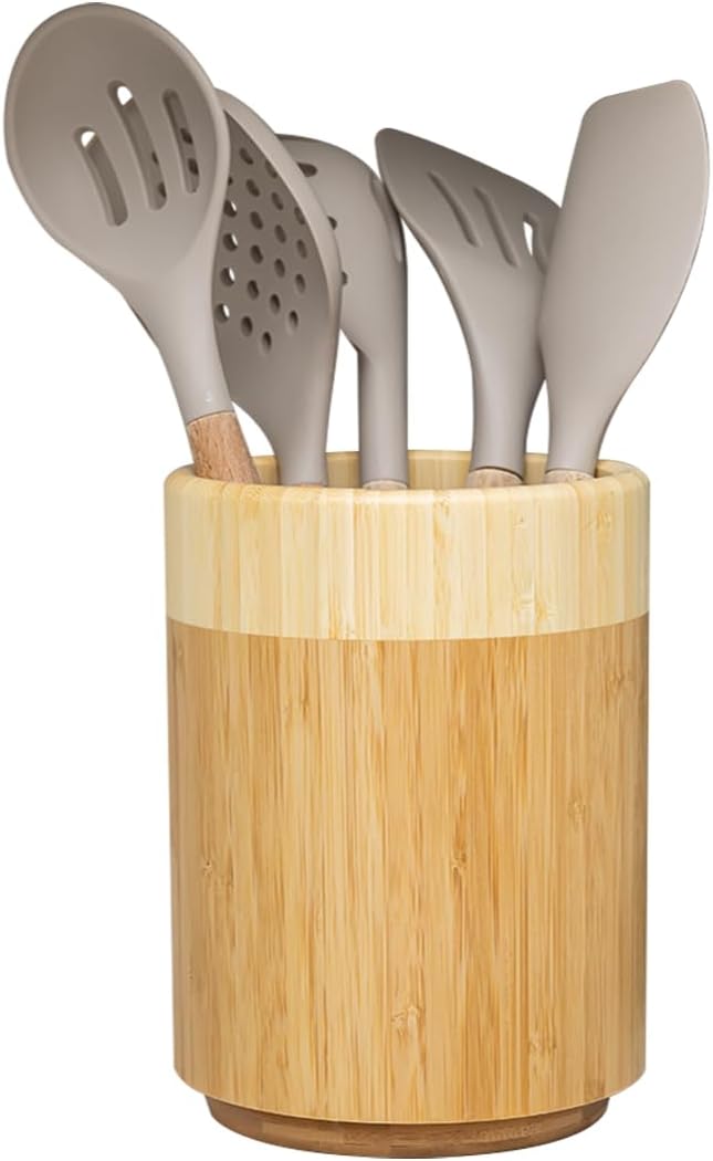 Samma Bamboo Utensil Holder - 8" Rotating Wooden Utensil Holder for Kitchen Counter - Space-Saving Utensil Organizer