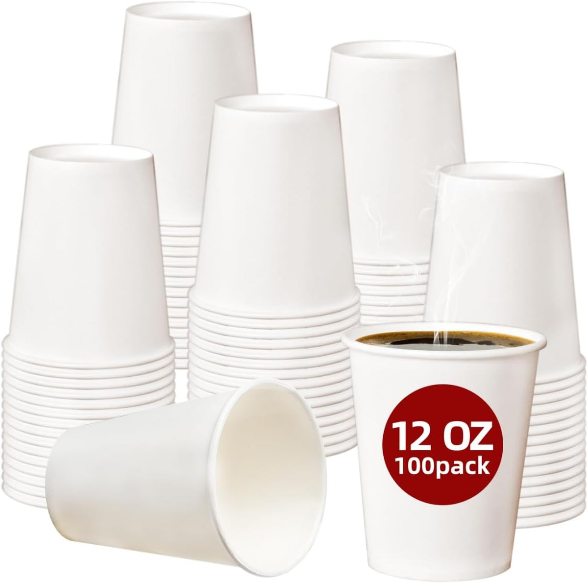 Paper Coffee Cups, 12 OZ Disposable Hot and Cold Cups, Leak-Proof White Cups for Coffee, Tea, Ideal for Home, Office, and Events (100 Count)
