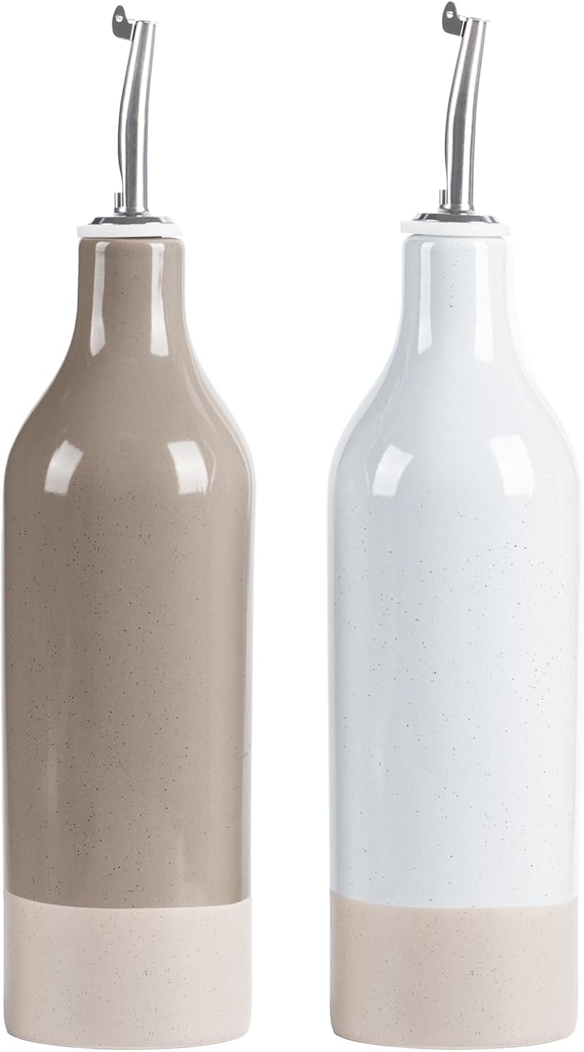 famiware Milkyway 16oz Ceramic Olive Oil Dispenser Bottle, Olive Oil and Vinegar Dispenser Bottle Set of 2 with Stainless Steel Pourers, Suitable for Storage Liquids, Light Gray and Cinnamon Brown