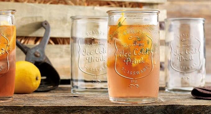 Glaver's Set of 8 Highball Glass Cups 20 OZ Stemless Tall Drinking Glasses For Everyday Use, Vintage Ice Cold Logo Tumbler Glassware for Bar, Juice, Cocktails, Beer, Water glasses.