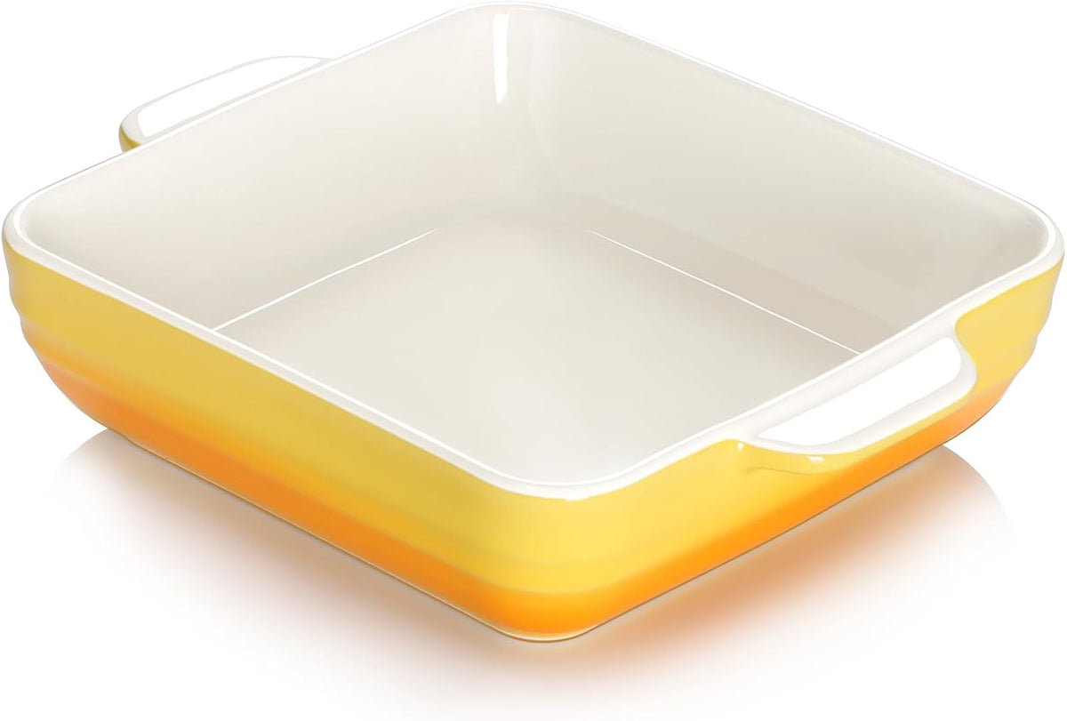NUTRIUPS 8x8 inch Square Baking Dish, 50 Oz /1.6 Qt Ceramic Baking Pan with Handles, Casserole Dish for Oven, Porcelain Bakeware (Gradient Yellow)