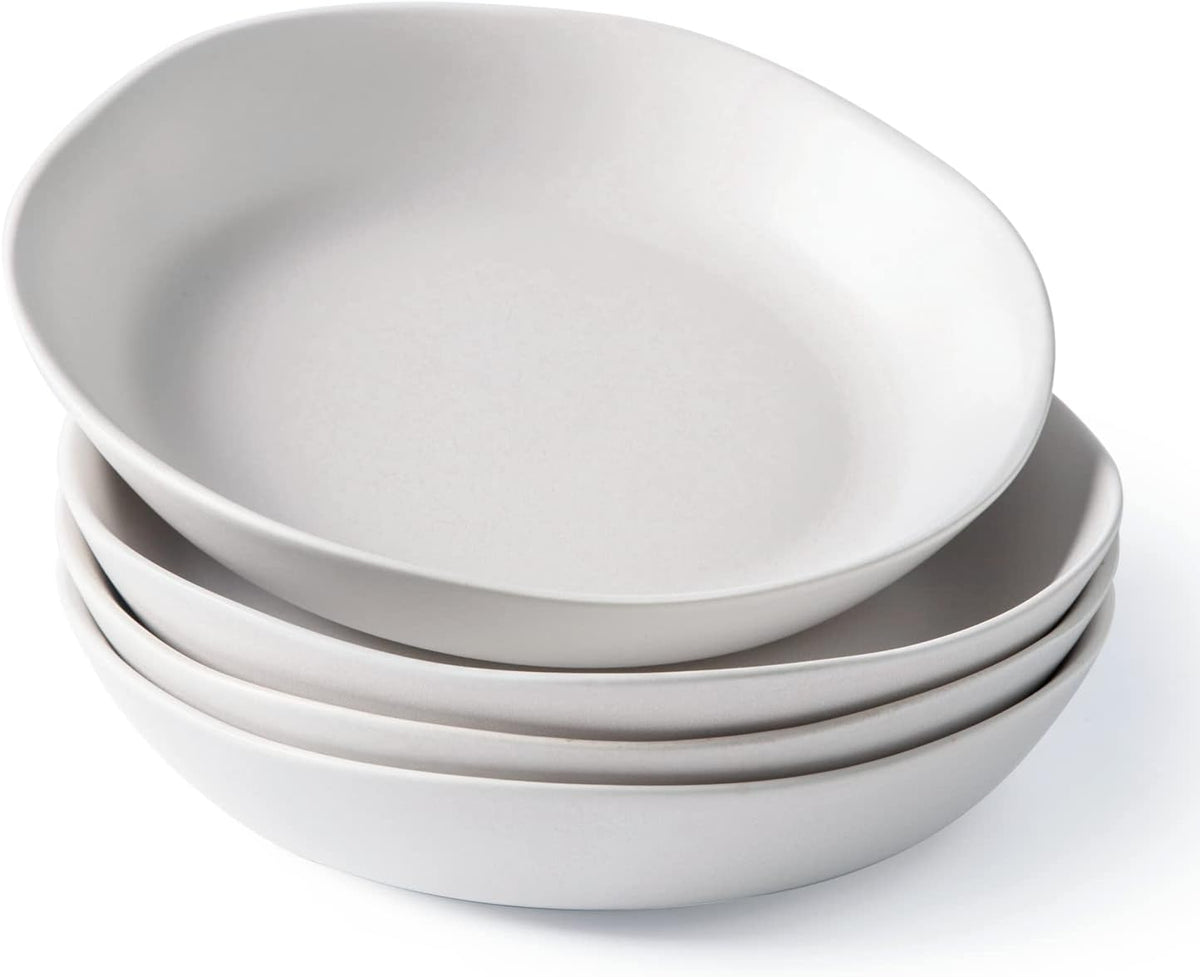 AmorArc 9.75'' Ceramic Large Pasta Bowls, 38oz Stoneware Flat Serving Bowls Set of 4, Oven,Microwave&Dishwasher Safe Bowls with Wavy Rim for Fruit Pasta Salad Meal, Matte White