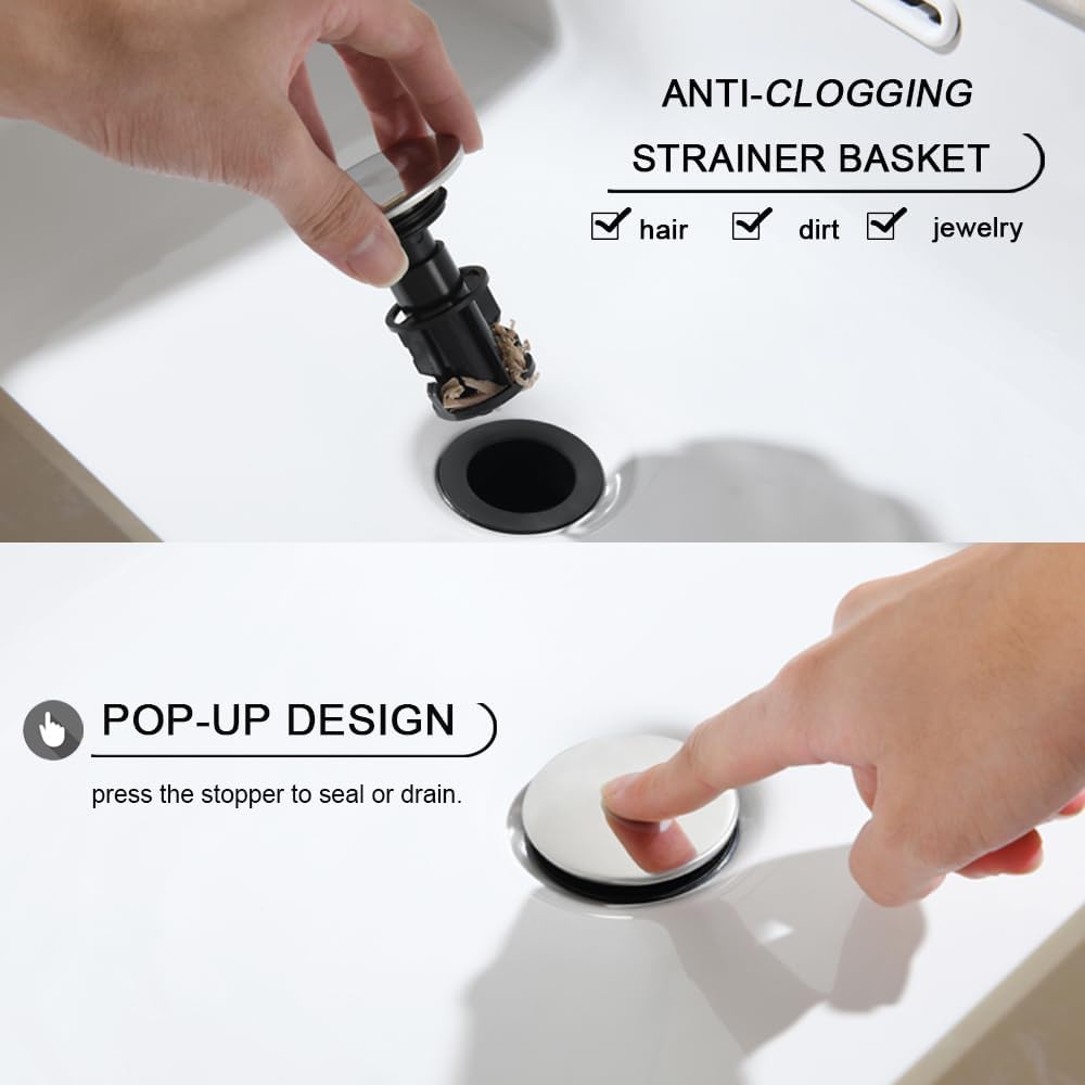 Bathroom Sink Drain, Pop Up Drain Stopper with Overflow, Lavatory Vanity Vessel Sink Drain Assembly, Chrome
