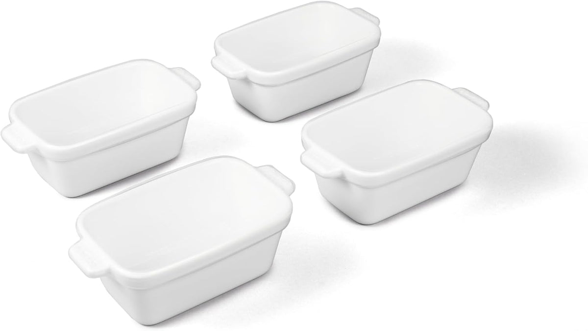 Souper Cubes Stoneware - Small Ceramic 5" x 3" Baking Dish with Silicone Covers, Small Baking Dishes for Oven Perfect for Reheating Single Serve Portions, Set of 4 - White