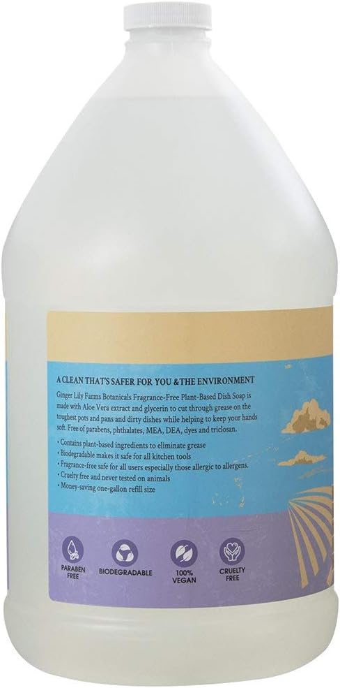 Ginger Lily Farms Botanicals Plant-Based Liquid Dish Soap, Concentrated Formula with Max Grease Cleaning Power, Cruelty-Free, Fragrance-Free, 1 Gallon Refill (128 Fl. Oz.), Clear