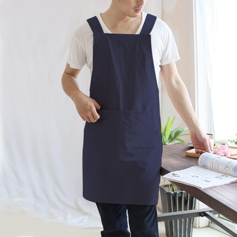 NEWGEM Japanese Linen Cross Back Cooking Aprons for Women Men with Pockets Cute for Baking Kitchen