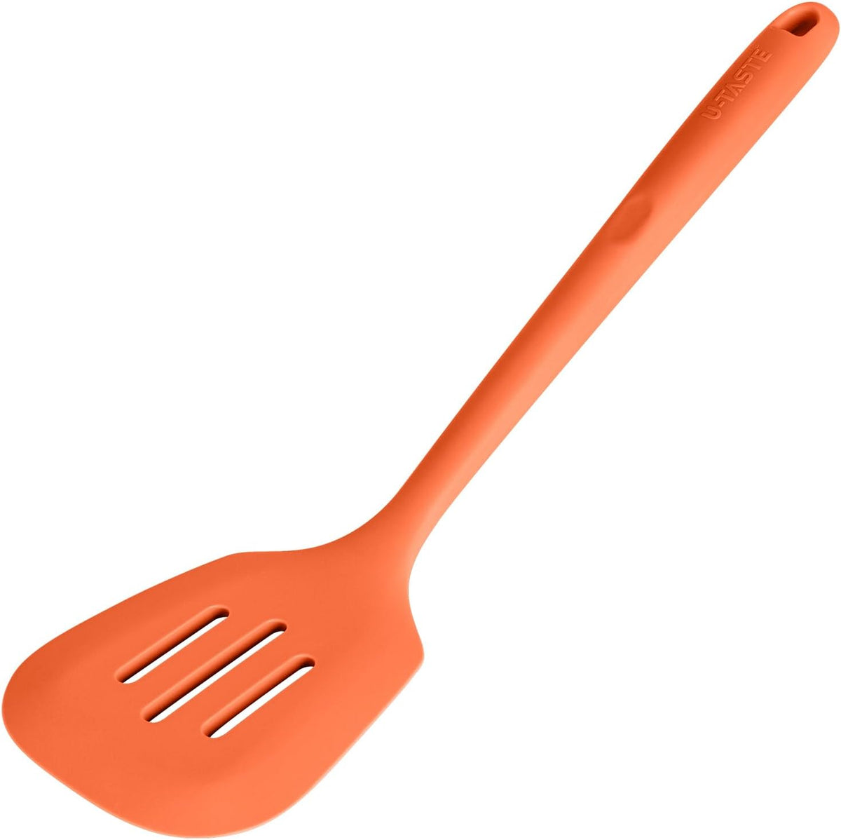 600ºF Heat Resistant Slotted Turner: U-Taste 13.6in Silicone Kitchen Spatula Flipper, 3.74in Wide Food Grade Flexible Thin Rubber Cooking Utensil for Egg, Pancake, Cookie in Nonstick Cookware (Orange)