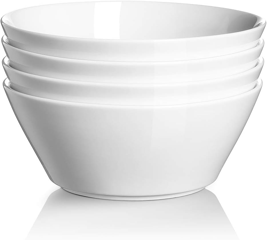 DOWAN 32 OZ Large Soup Bowls Set of 4 - White Ceramic Bowls for Ramen, Cereal, Pasta, Salad, Fruit - Dishwasher & Microwave Safe