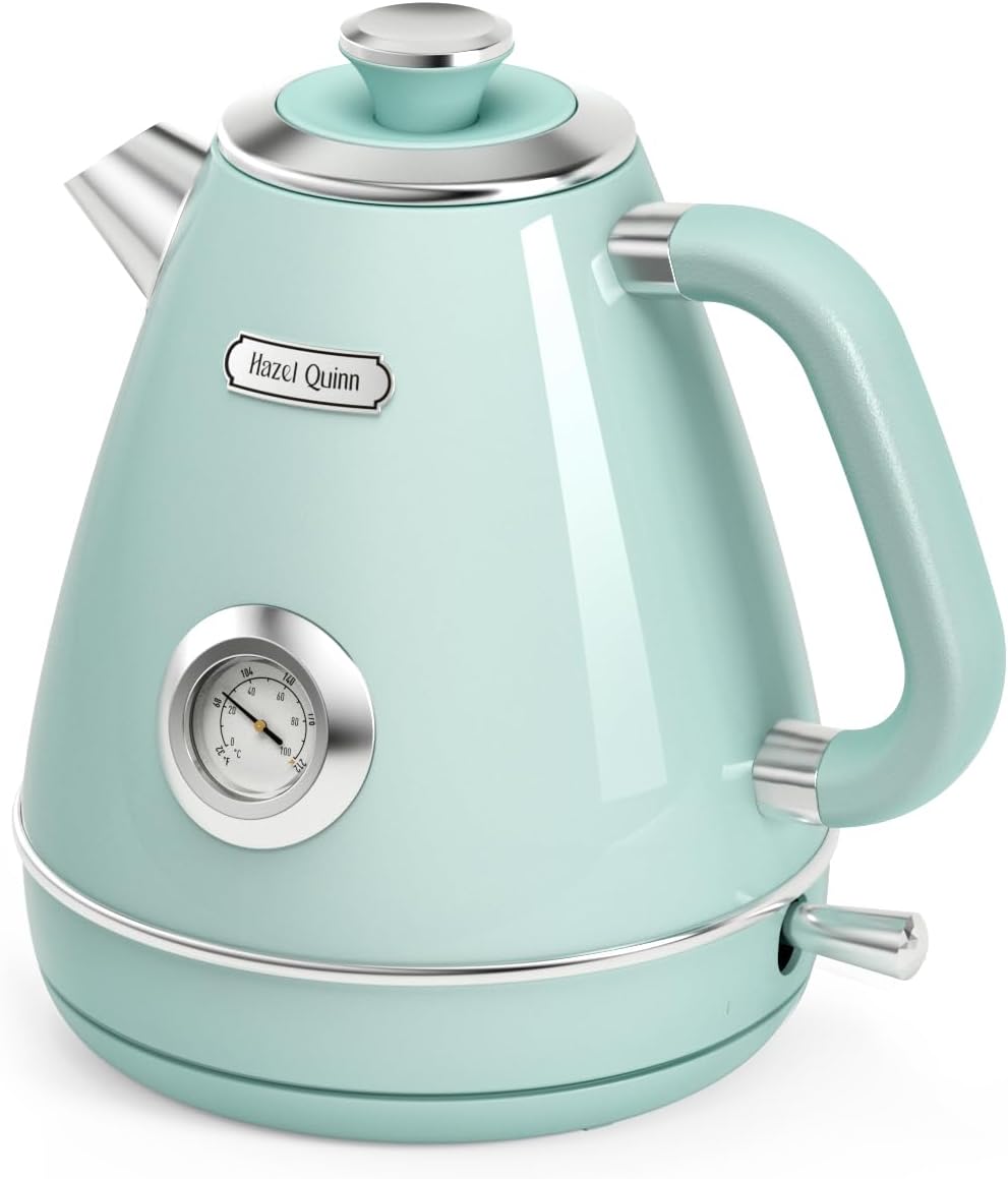 Hazel Quinn Retro Electric Kettle - 1.7 Liters / 57.5 Ounces Tea Kettle with Thermometer, All Stainless Steel, 1200 Watts Fast Boiling, BPA-free, Cordless, Automatic Shut Off - Mint Green