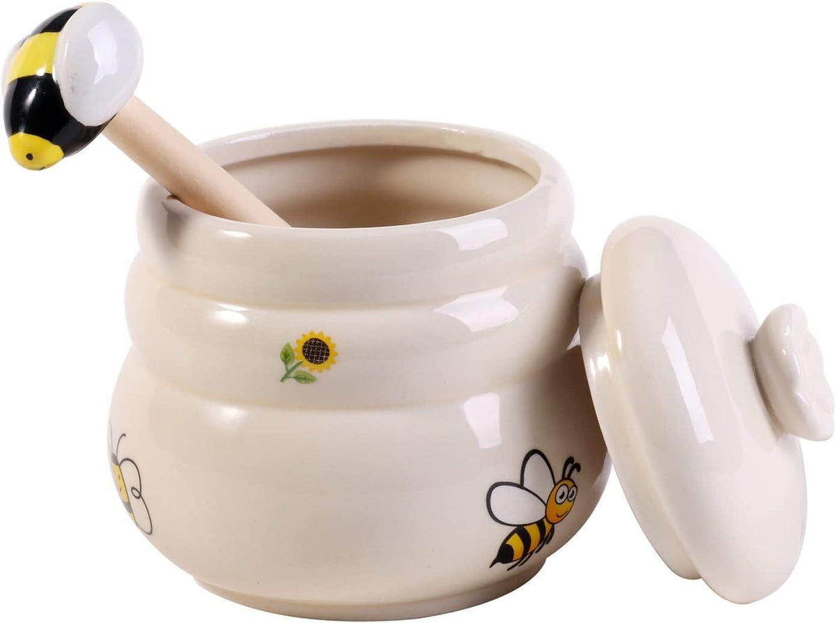 Ceramic Honey Jar with Wooden Honey Dipper-Honey Pot with Dipper- Honey Jar with Stand, Great Bee Decor- Farmhouse Kitchen Decoration (Honey Jar-Bee)