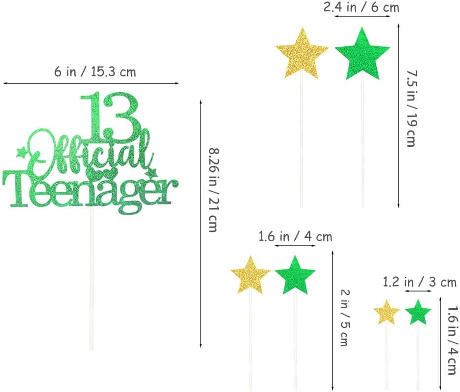 Glittery 13 Ofiicial Teenager Cake Topper with Star,13th Happy Birthday Cake Topper Party Decorations Party Supplies for Boys Girls Green Gold