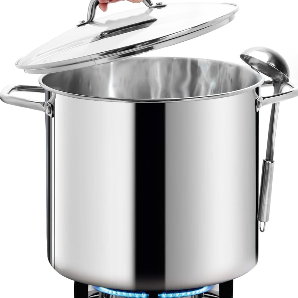 HOMICHEF LARGE STOCK POT 24 Quart With Lid - Nickel Free Stainless Steel Cookware Stockpot 24 Quart - Healthy Cookware Polished Stockpots - Heavy Duty Induction Pot Soup Pot With Lid