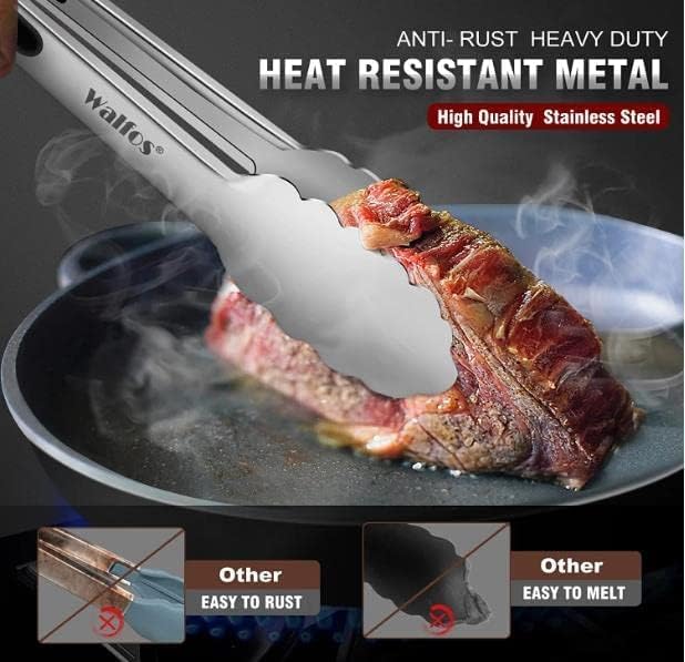 Walfos Stainless Steel Kitchen Tongs for Cooking- 7 ，9 and 12 Inch, Food Grade Metal Tongs for Cooking, BBQ, Set of 3 Heavy Duty Locking Cooking Tongs Non-Slip Grip