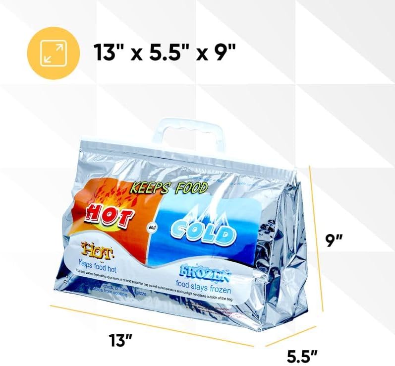 Superio Hot and Cold Insulated Bags for Food Delivery, Grocery Shopping Bags, Food Storage for Hot and Frozen Food for Travel, Disposable Cooler Bag, Reinforced Thermal Lunch Bag (10, 13"x5.5"x8.5")