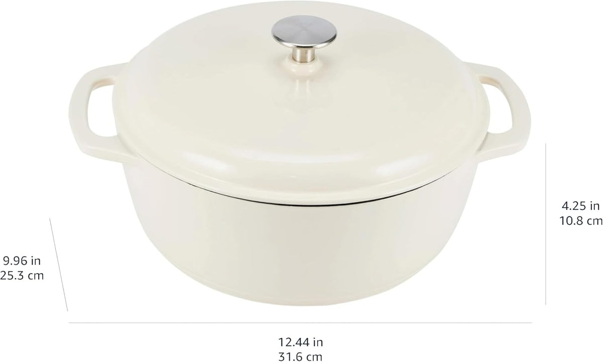 Amazon Basics Cast Iron Dutch Oven Pot with Lid, Enameled, Round, Dual Handles, Heavy-Duty, Small, 4.3-Quart, White