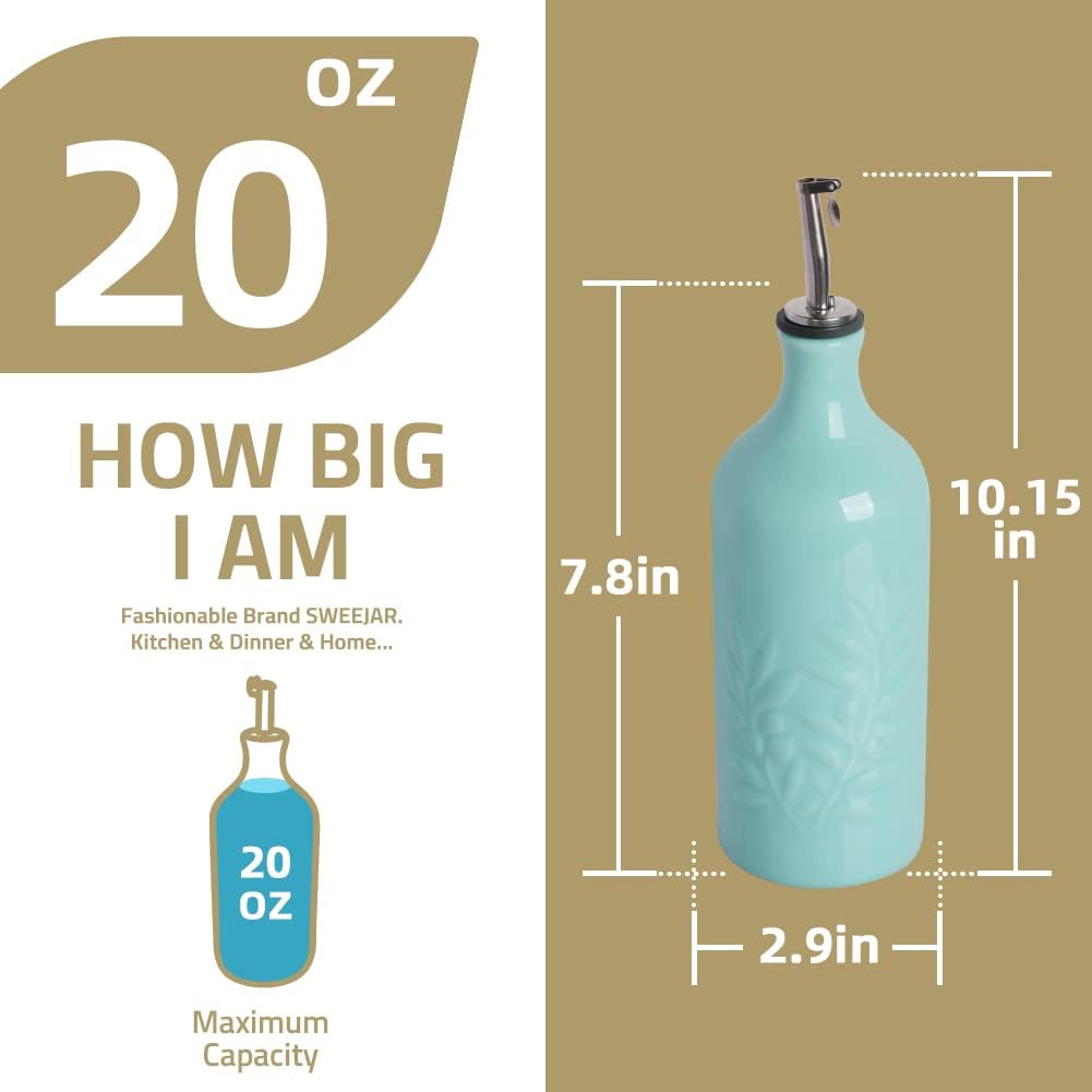 Sweejar Ceramic Olive Oil Dispenser Bottle, 20 Oz Relief Opaque Oil Cruet Protects Oil To Reduce Oxidation, Suitable for Storage Oil, Vinegar, Soy Sauce, Coffee Syrup, Liquids, Set of 1 (Fog Blue)