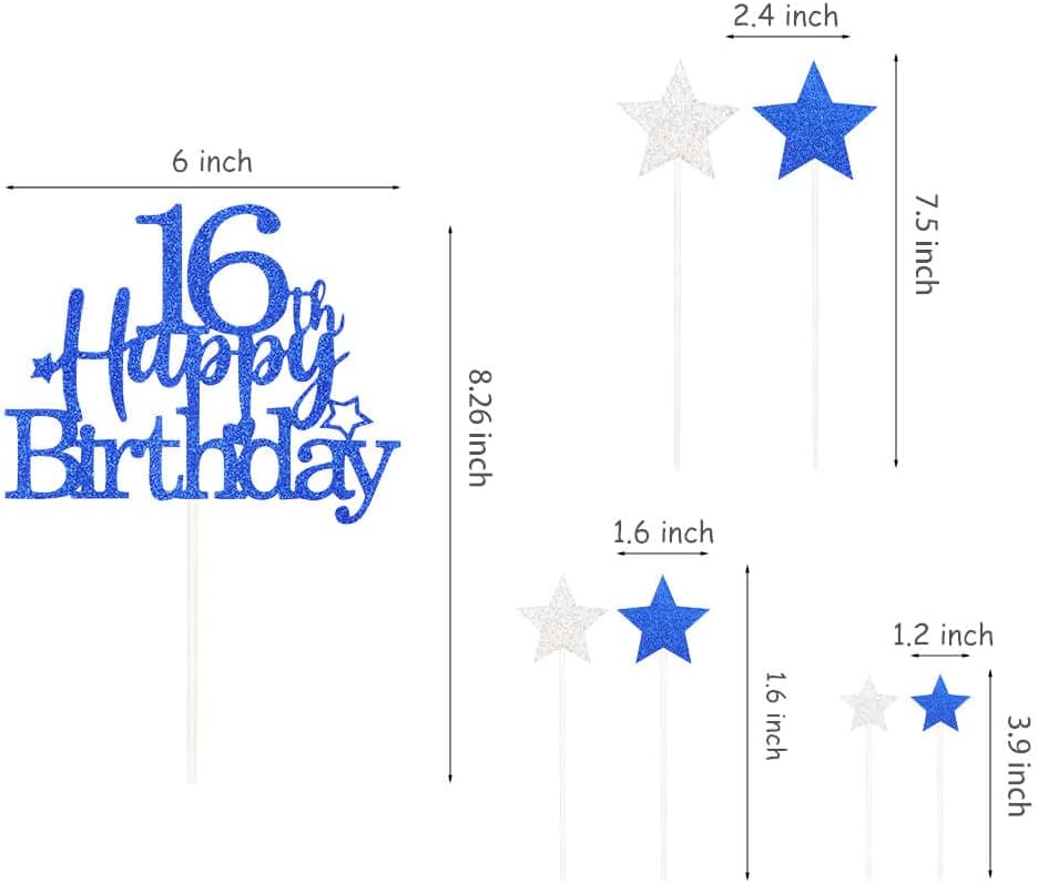Glittery 16th Cake Topper with Star Boys and Girls 16th Birthday Party Supplies, Sixteen Years Old Birthday Party Decorations Royal Blue