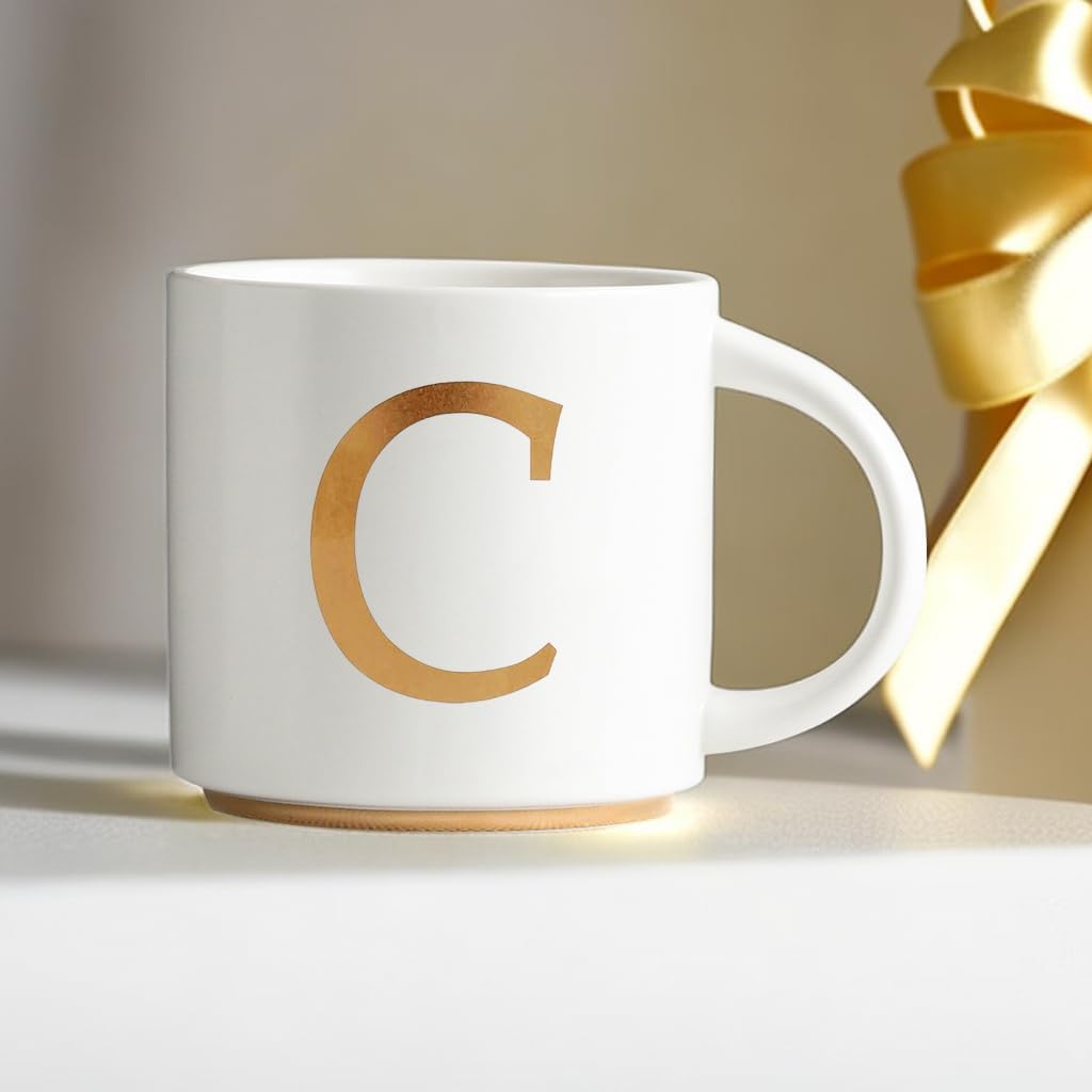 COLLECTIVE HOME - Monogram Ceramic Mugs, 15 oz Golden Initial Coffee Cups, Elegant Alphabet Tea Mugs, Elegant Personalized Mug with Gift Box, Unique Mug with Double Side Capital Letter (C)