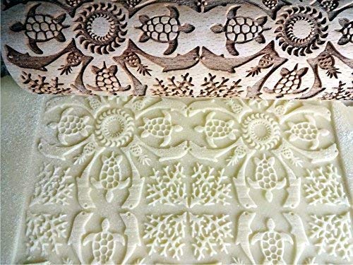 ROLLING PIN HAWAII LASER ENGRAVED with HAWAII PATTERN for EMBOSSED COOKIES PINEAPPLE DOLPHIN TURTLE SEASIDE BEACH SUN