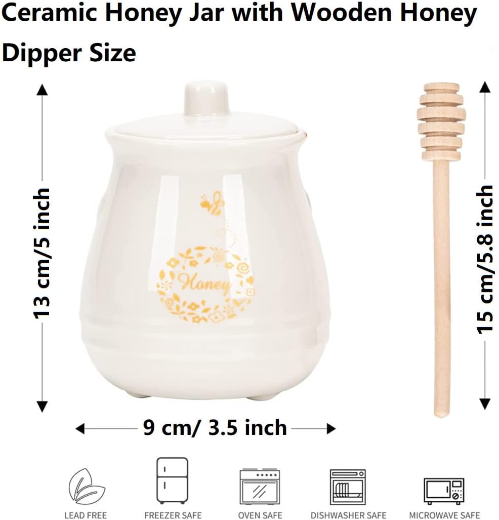 Ceramic Honey Jar with Wooden Honey Dipper-Honey Pot with Dipper- Honey Jar with Stand, Great Bee Decor- Farmhouse Kitchen Decor (Honey Jar-White)