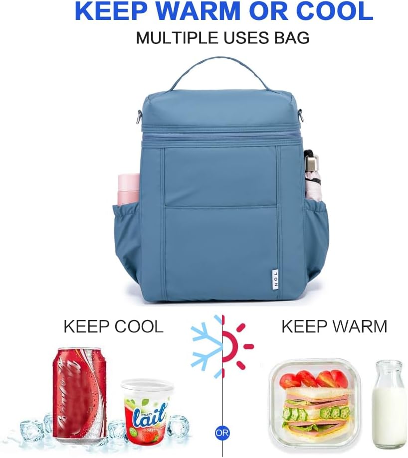 NOL Natural Organic Lifestyle Insulated Lunch Bags for Women Cooler Bag Lightweight Nylon Waterproof Lunch Box For Work (Dusty blue, Large)