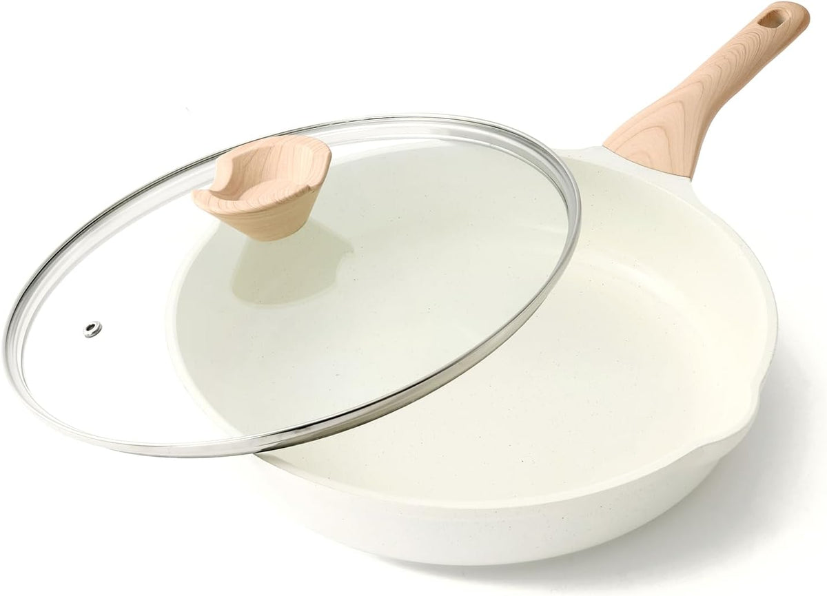 Nonstick Ceramic Frying Pan with Lid, 12.5 Inch Ceramic Large Skillet with Lid, Healthy Non Toxic Cooking Pan, Stay-Cool Handle, Induction Compatible, PFOA & PFAS Free, White