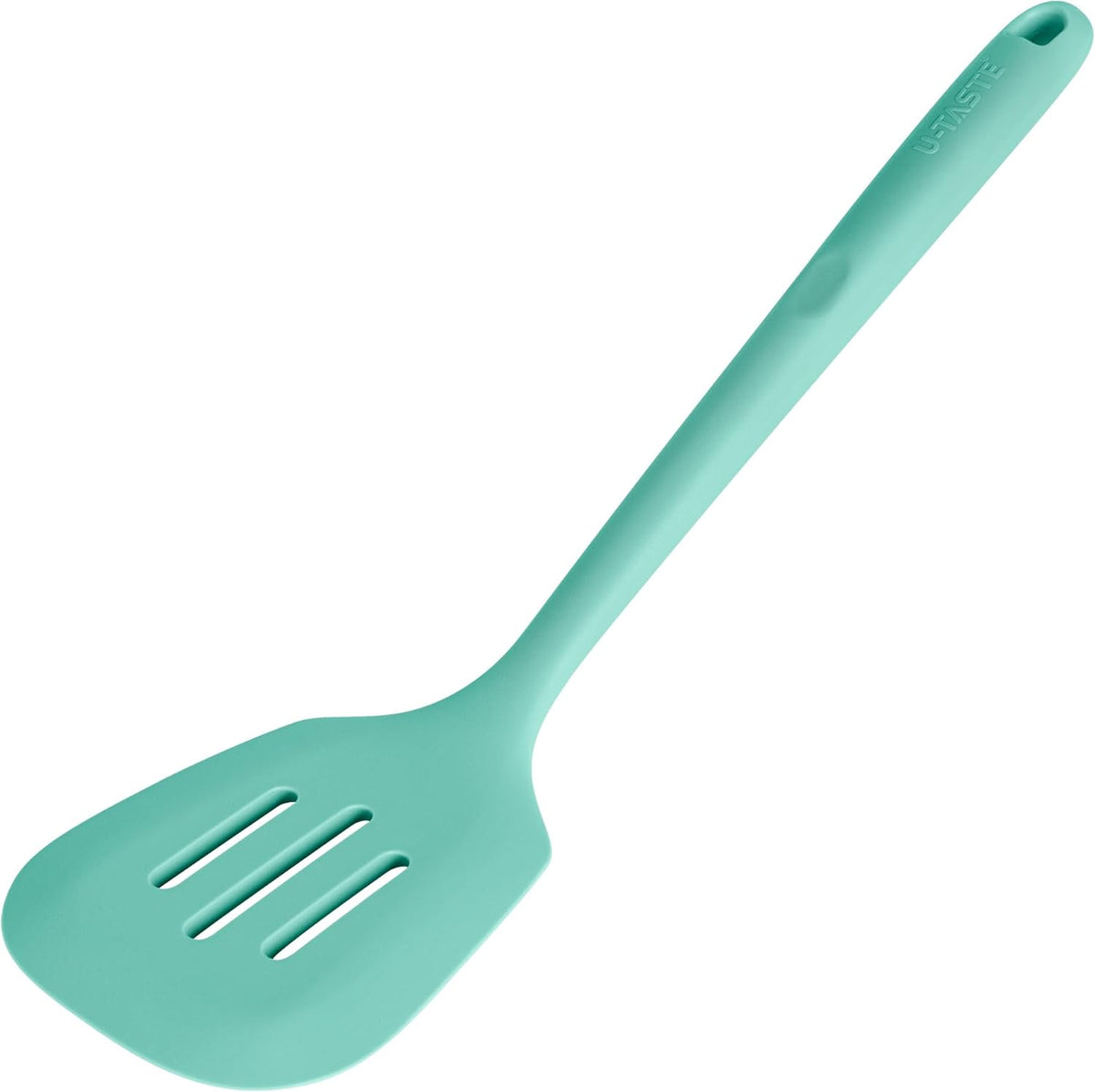 13.6" Slotted Silicone Turner: U-Taste 600ºF Heat Resistant Kitchen Spatula Flipper, Food Grade Flexible Wide Seamless Rubber Cooking Utensil for Egg, Omelette, Burger in Nonstick Cookware (Aqua Sky)
