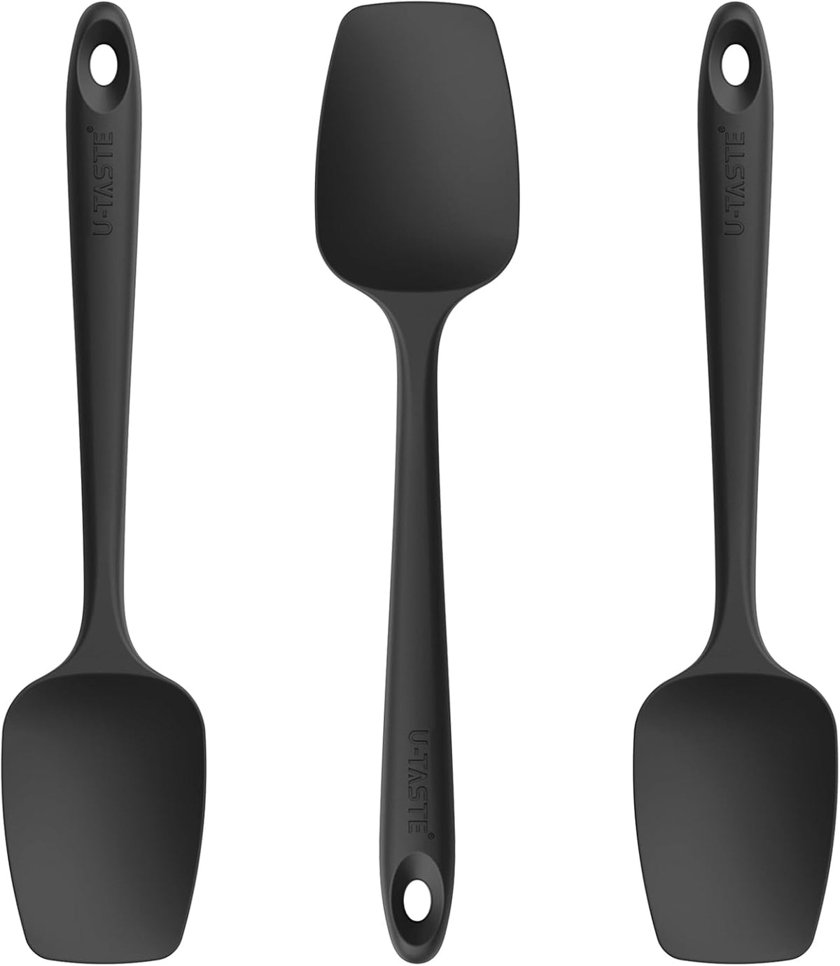U-Taste Silicone Spoon Spatula Set: 480ºF Heat Resistant Food Grade Flexible Rubber Spoonula, Nonstick Cooking Mixing Scooping Kitchen Baking Scraper Utensils Set of 3 for Pan, Pot, Bowl (Black)