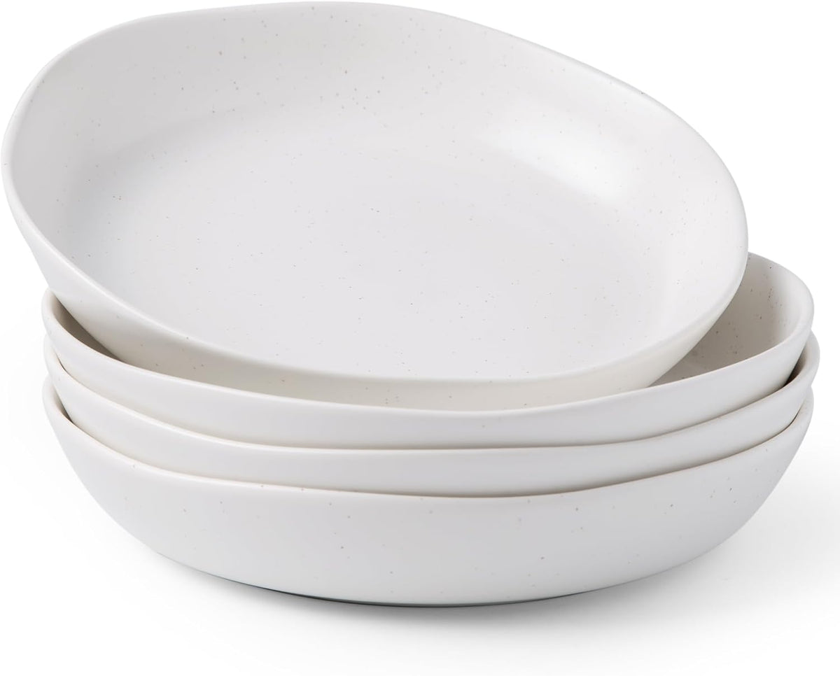 AmorArc 9.75'' Speckled Large Ceramic Pasta Bowls, 38oz Stoneware Bowls Set of 4, Oven, Microwave&Dishwasher Safe Bowls with Wavy Rim for Fruit Pasta Salad Meal, Matte Speckled White